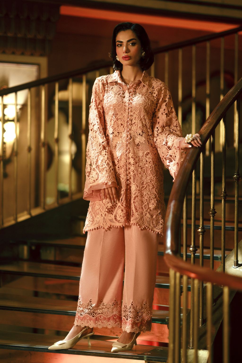 Pakistani Peach Cutwork Lace Salwar Kameez (2-Piece) - Image 1