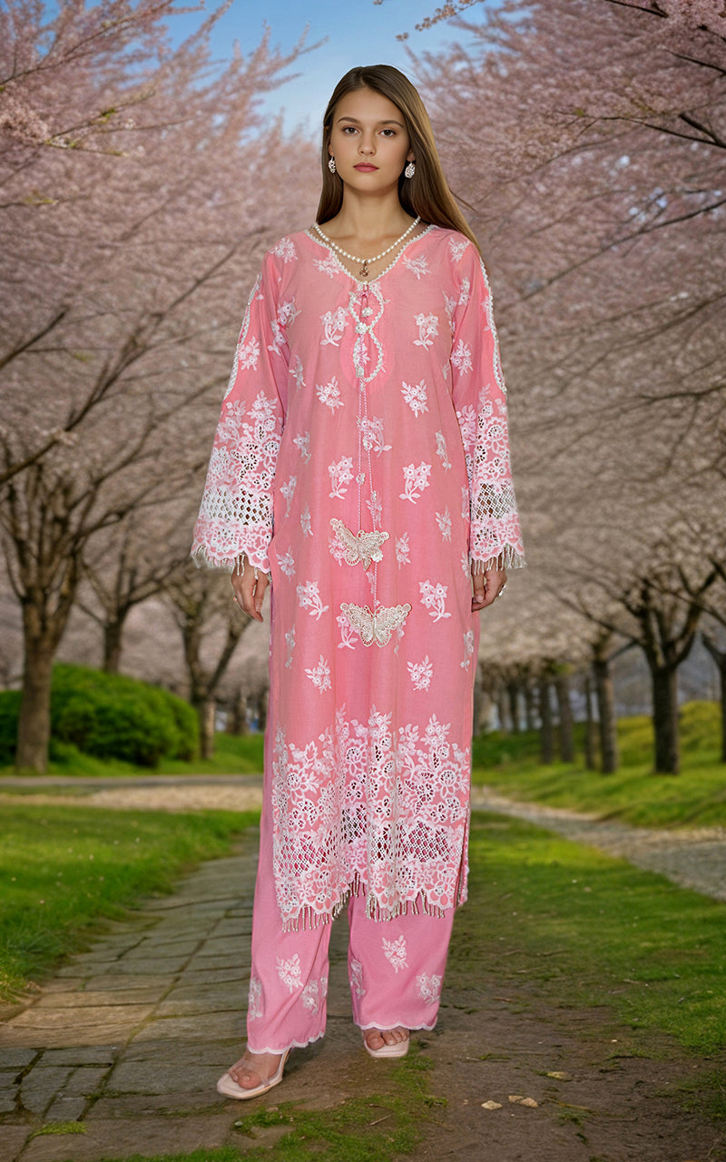 Pakistani Pink Embroidered Lawn 2-Piece Suit with Cutwork - Image 1
