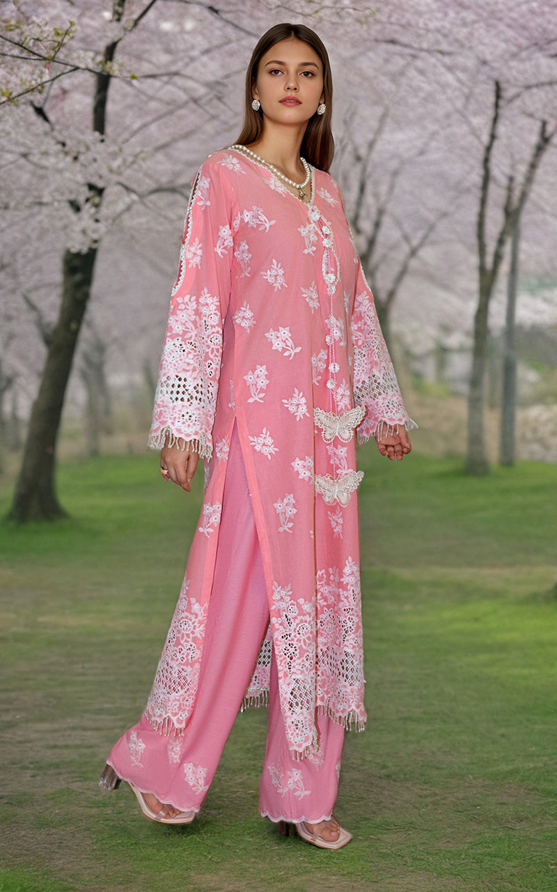 Pakistani Pink Embroidered Lawn 2-Piece Suit with Cutwork - Image 2