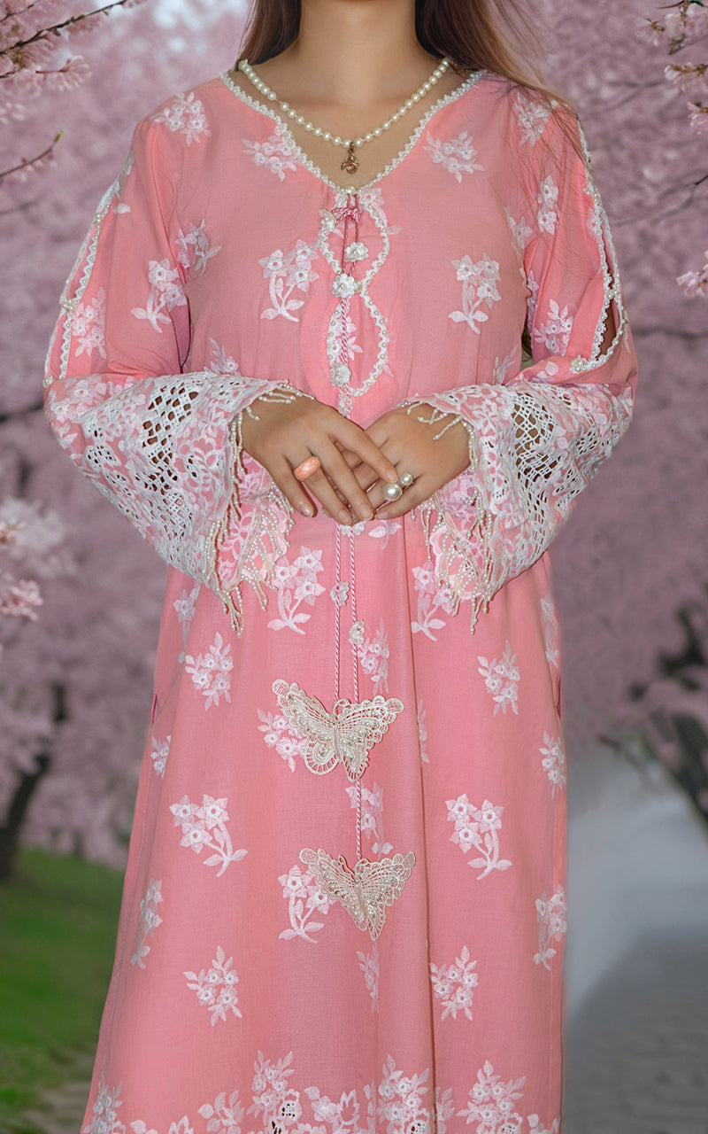 Pakistani Pink Embroidered Lawn 2-Piece Suit with Cutwork - Image 3