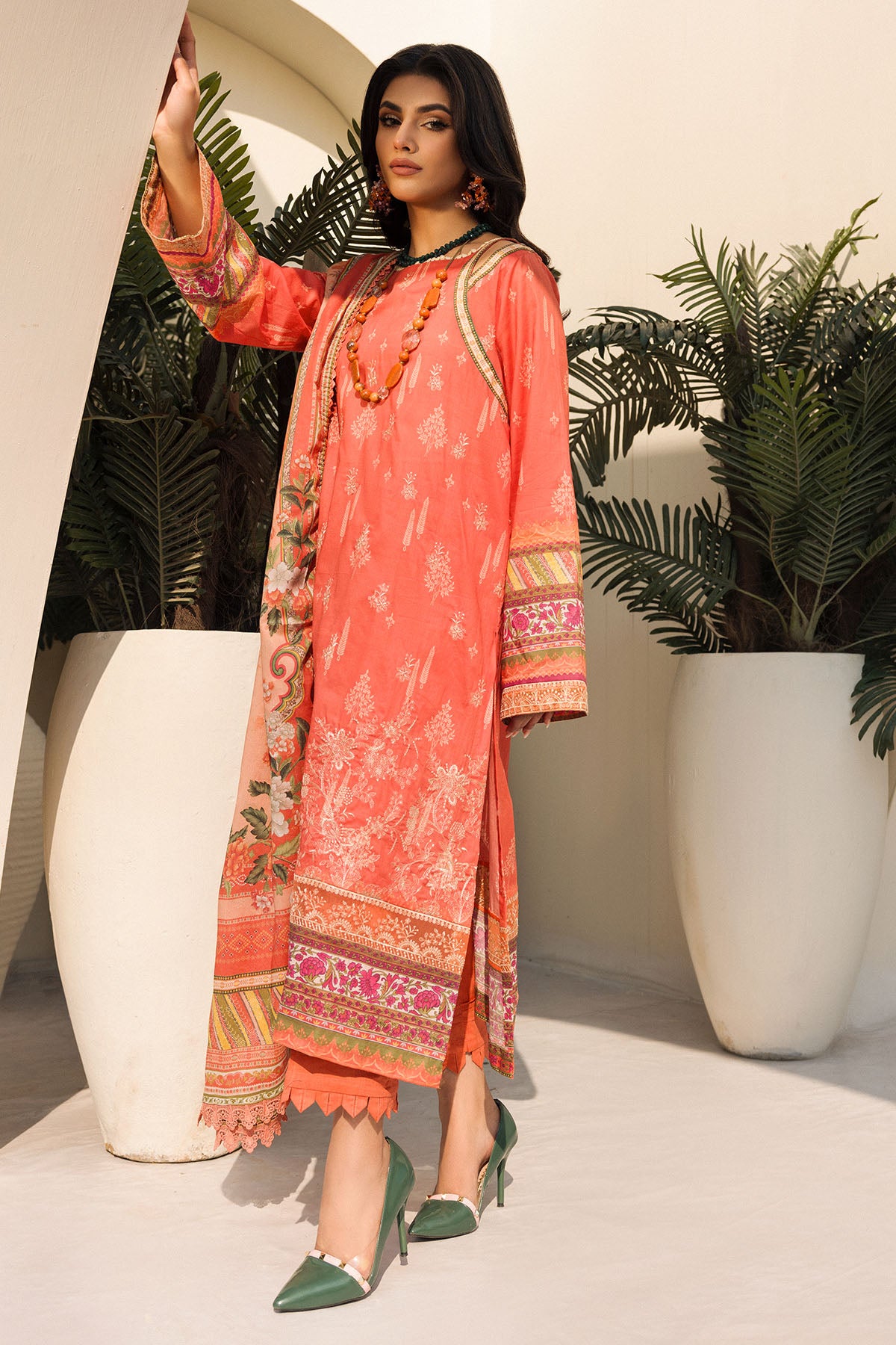 Pakistani Coral Embroidered Lawn Salwar Kameez (3-Piece) - Image 2