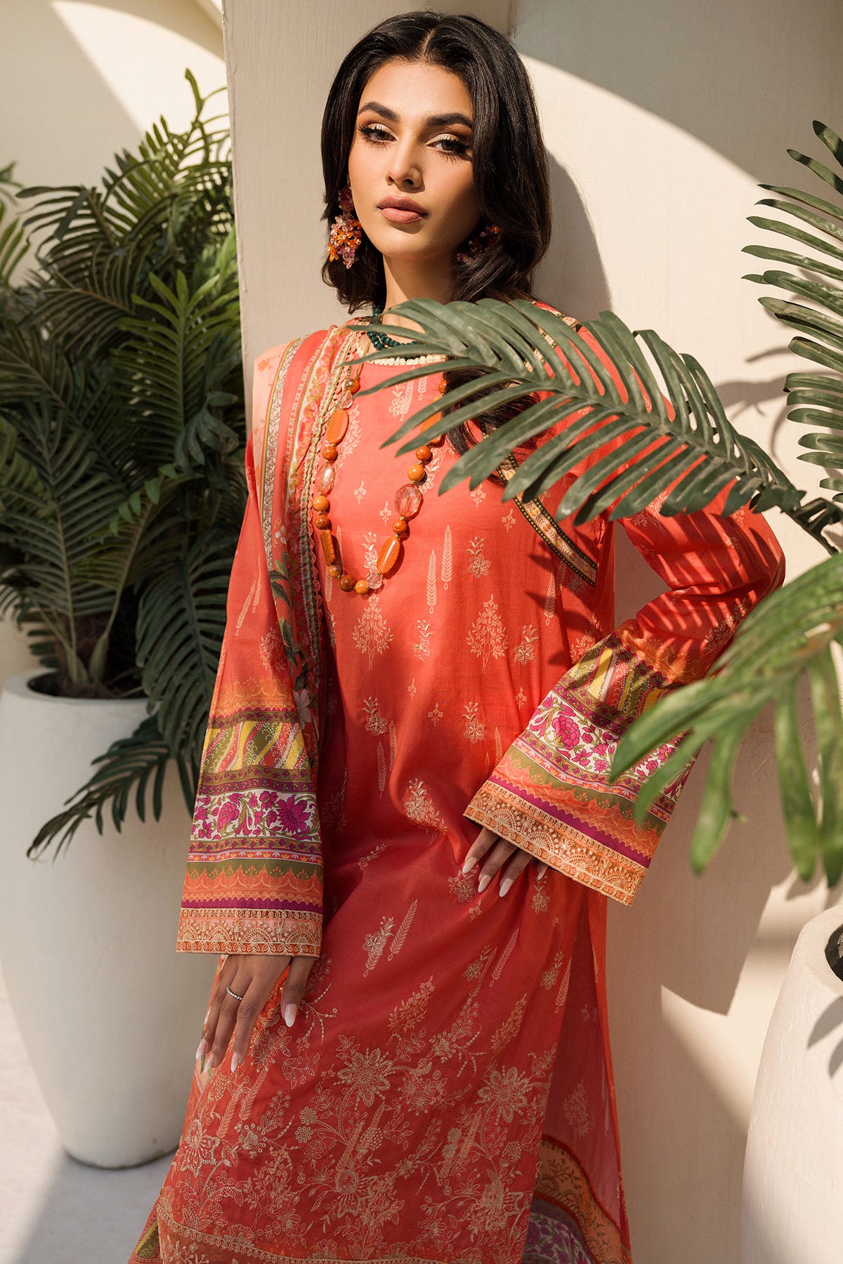Pakistani Coral Embroidered Lawn Salwar Kameez (3-Piece) - Image 3