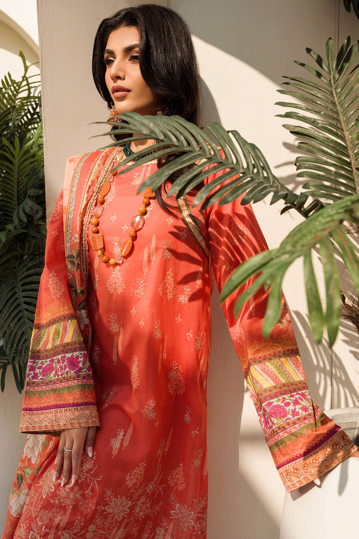 Pakistani Coral Embroidered Lawn Salwar Kameez (3-Piece) - Image 4