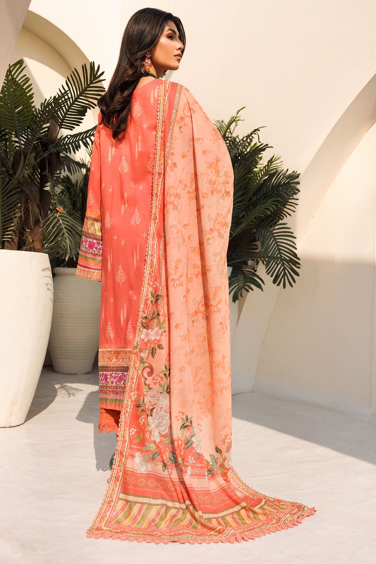 Pakistani Coral Embroidered Lawn Salwar Kameez (3-Piece) - Image 6