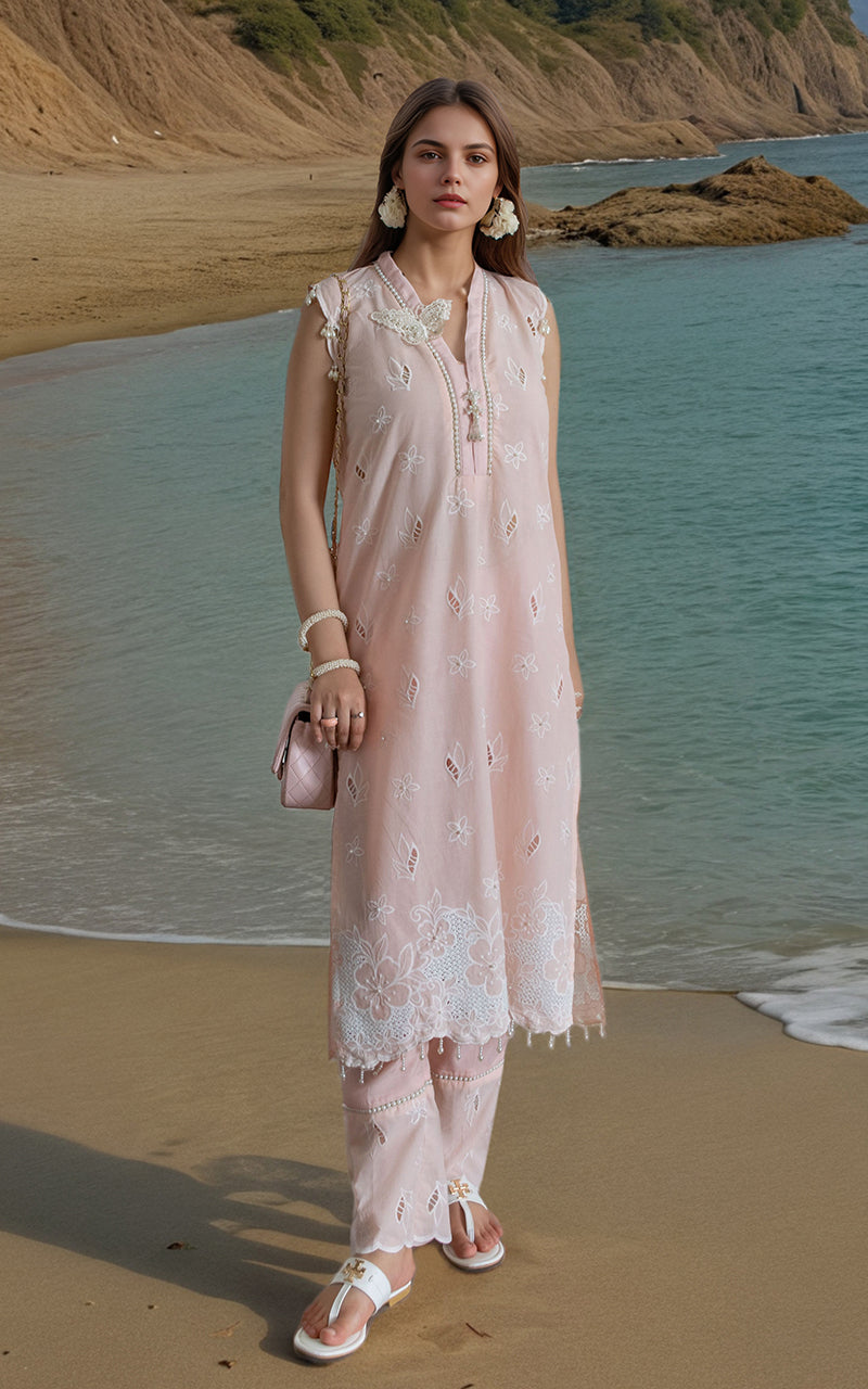 Pakistani Blush Pink Embroidered Lawn & Silk Salwar Kameez (2-Piece) - Image 1