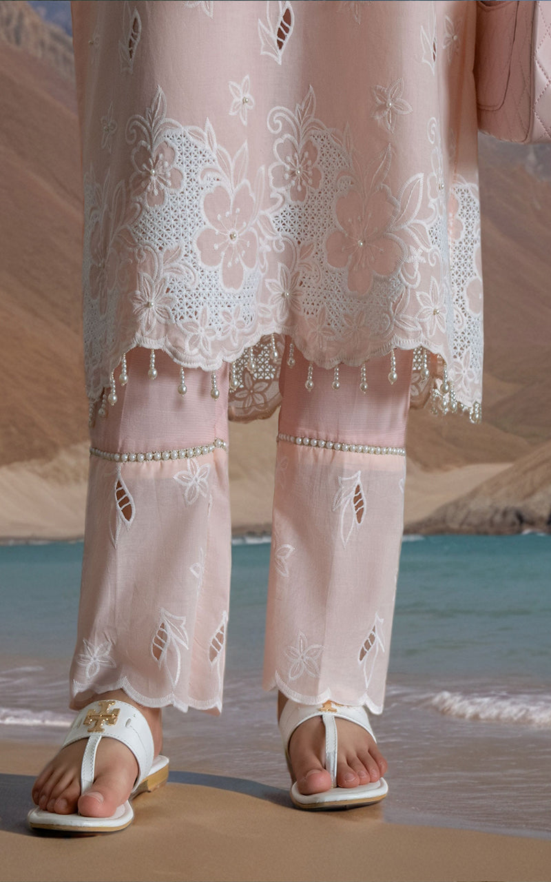 Pakistani Blush Pink Embroidered Lawn & Silk Salwar Kameez (2-Piece) - Image 4