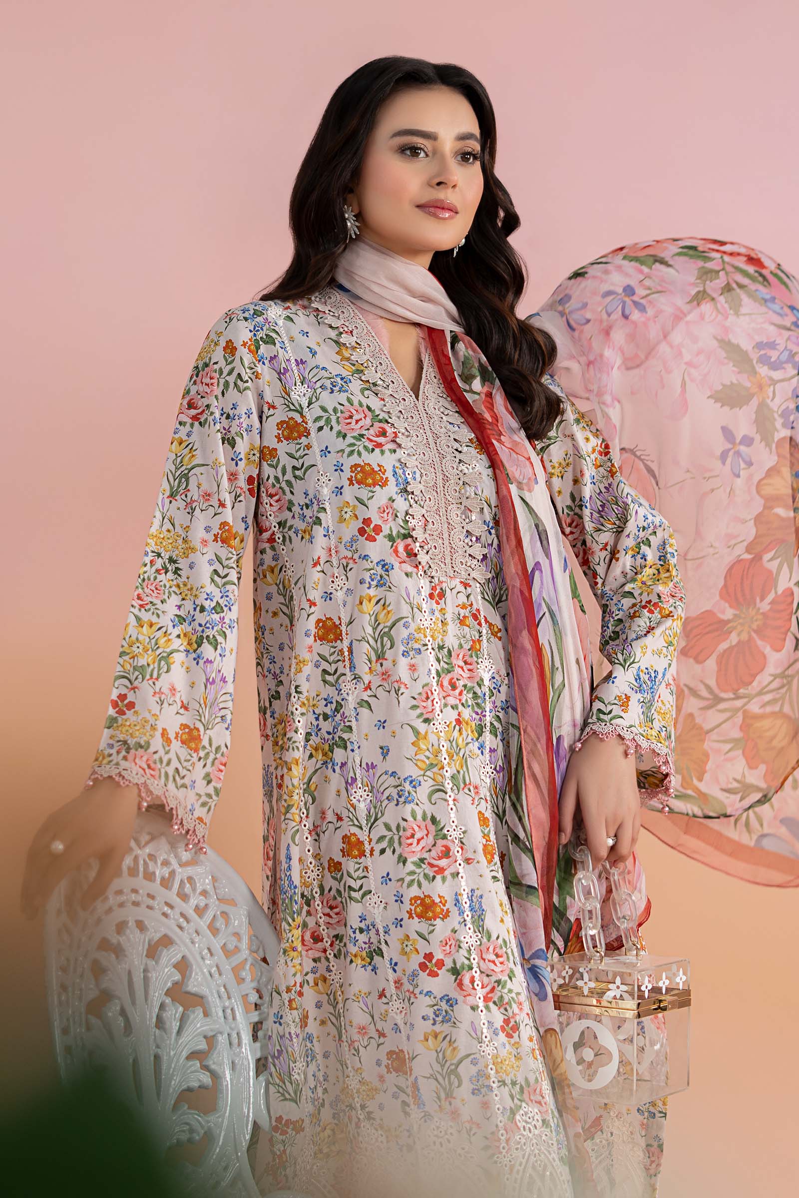 Pakistani Pink Embroidered Lawn 3-Piece Suit - Image 3