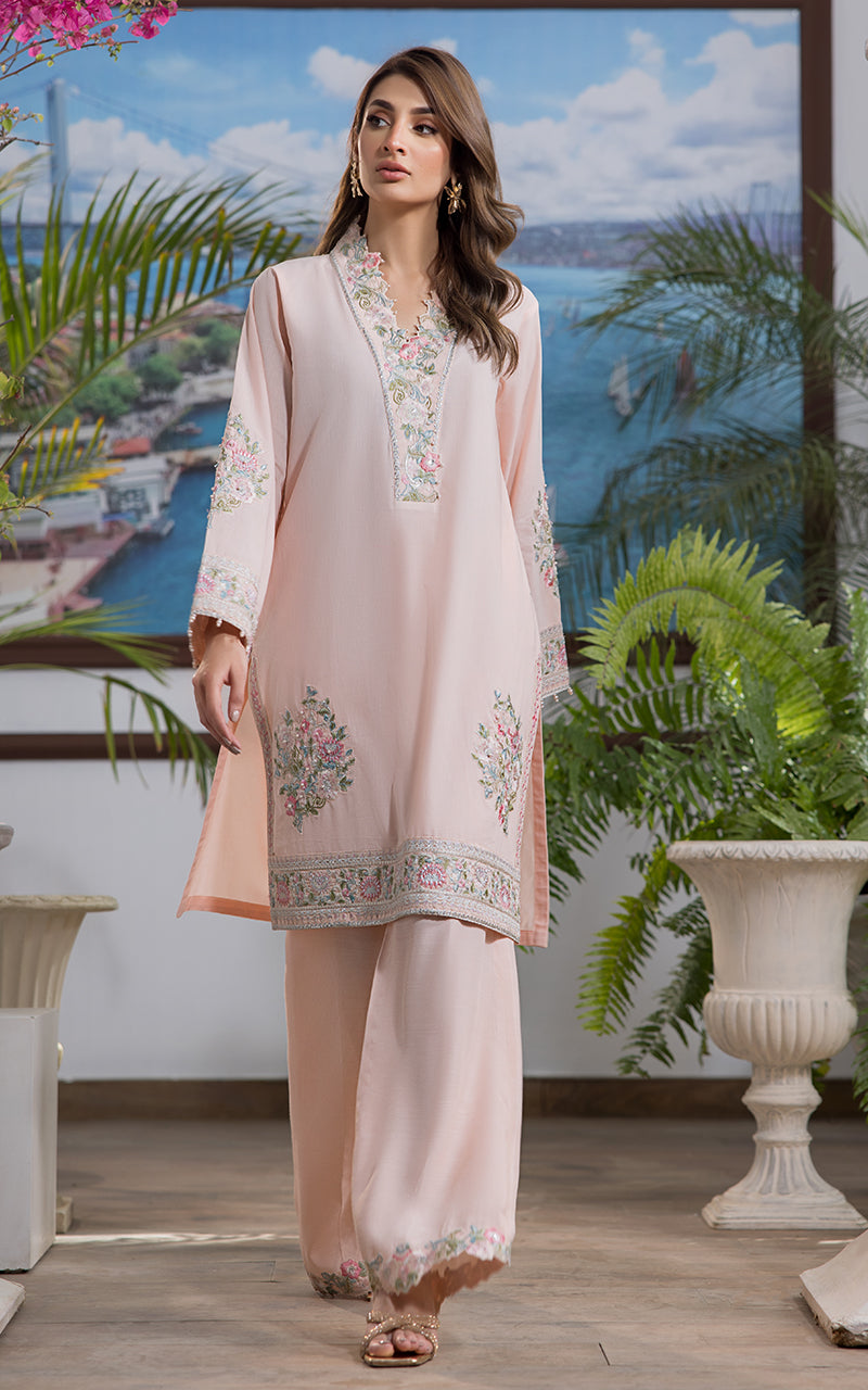 Blush Pink Embroidered Lawn & Silk Salwar Kameez (3-Piece) - Image 1