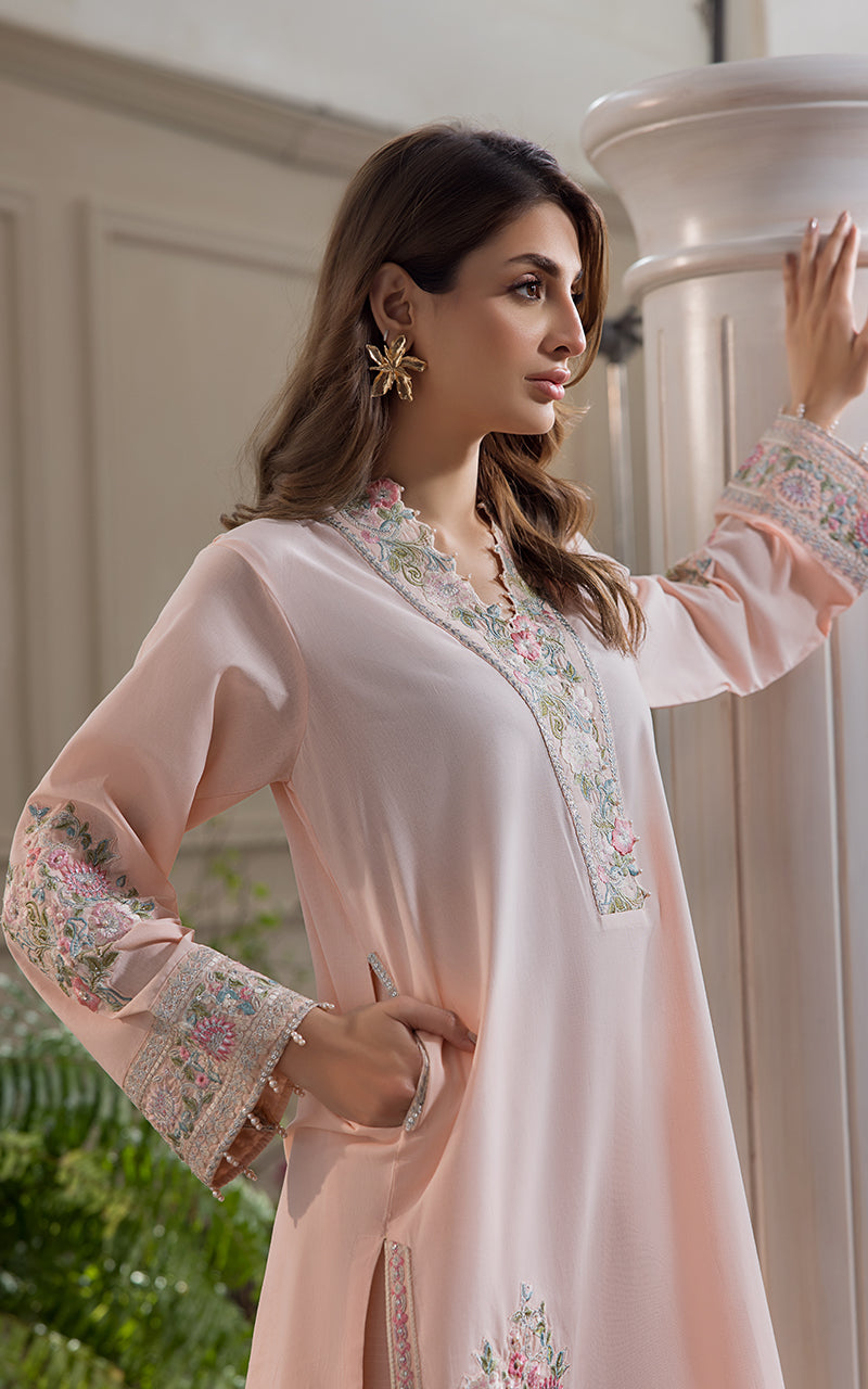 Blush Pink Embroidered Lawn & Silk Salwar Kameez (3-Piece) - Image 2