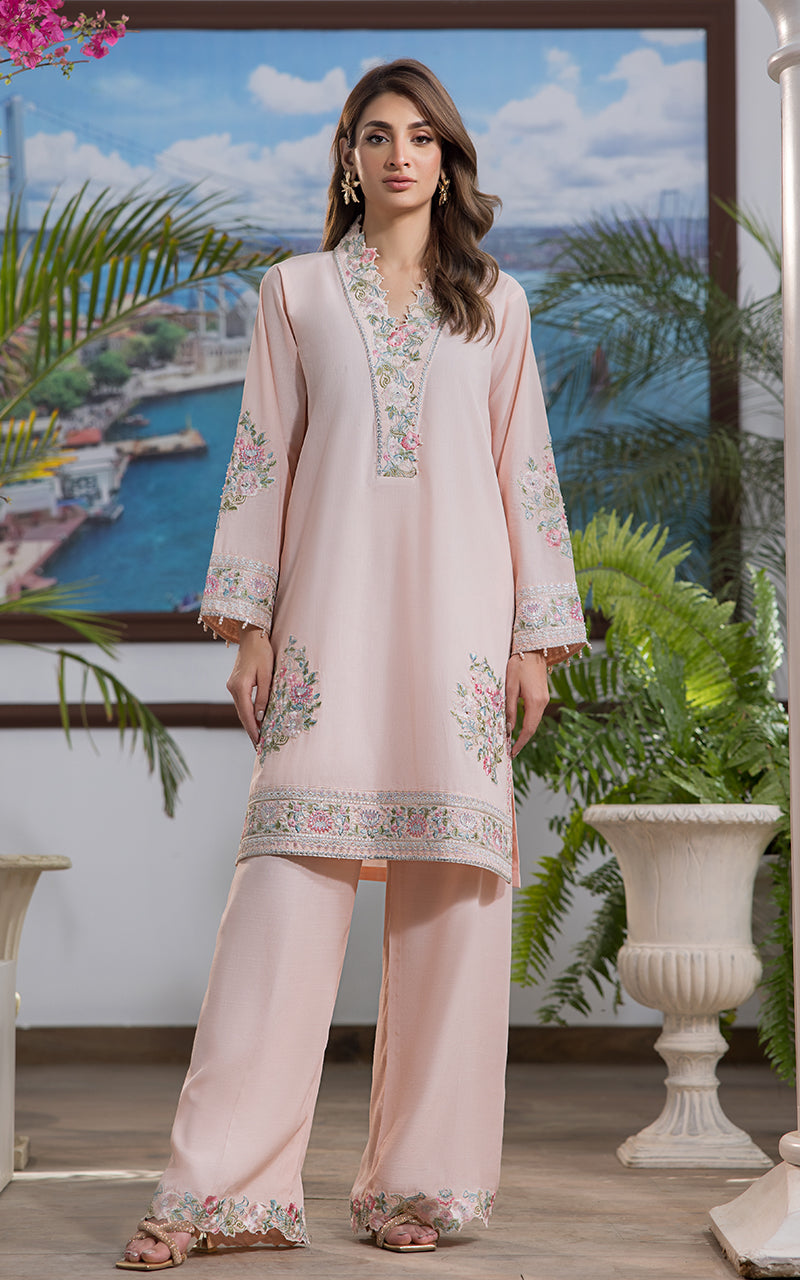 Blush Pink Embroidered Lawn & Silk Salwar Kameez (3-Piece) - Image 3
