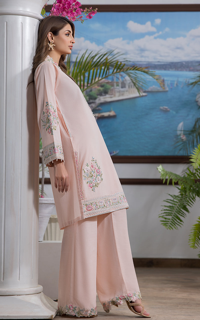 Blush Pink Embroidered Lawn & Silk Salwar Kameez (3-Piece) - Image 6