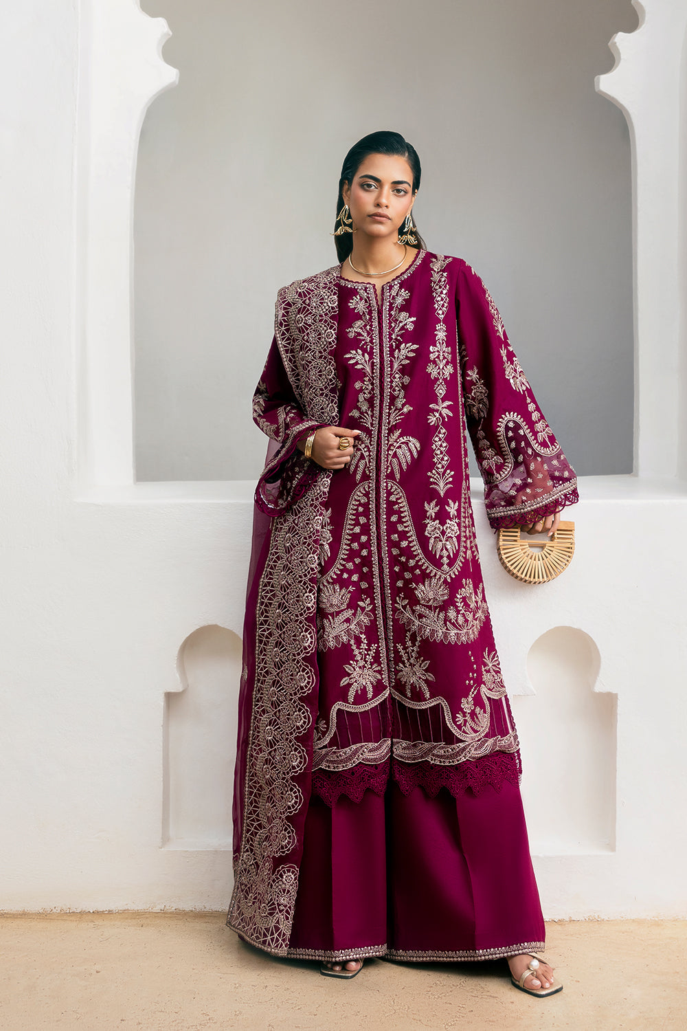 Pakistani Fuchsia Pink Embroidered Lawn & Organza Salwar Kameez (3-Piece) - Image 1