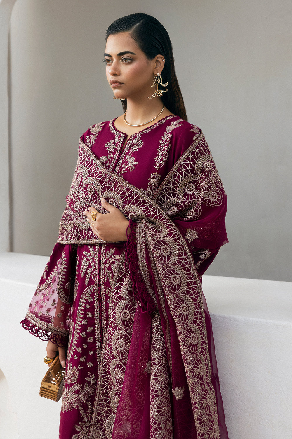 Pakistani Fuchsia Pink Embroidered Lawn & Organza Salwar Kameez (3-Piece) - Image 2