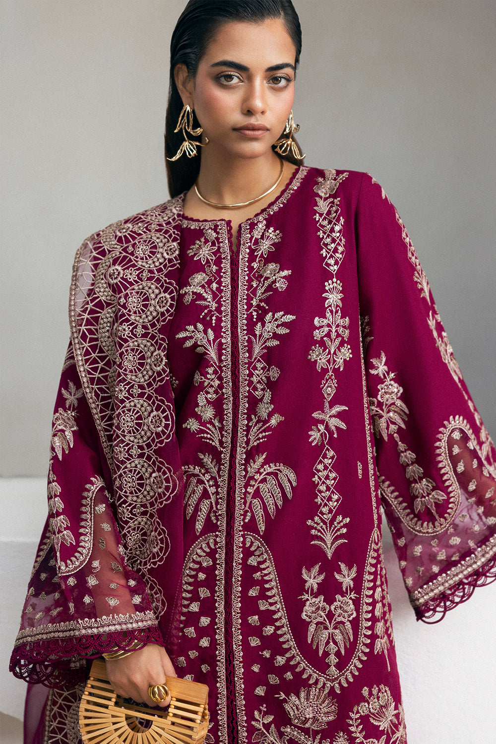 Pakistani Fuchsia Pink Embroidered Lawn & Organza Salwar Kameez (3-Piece) - Image 3