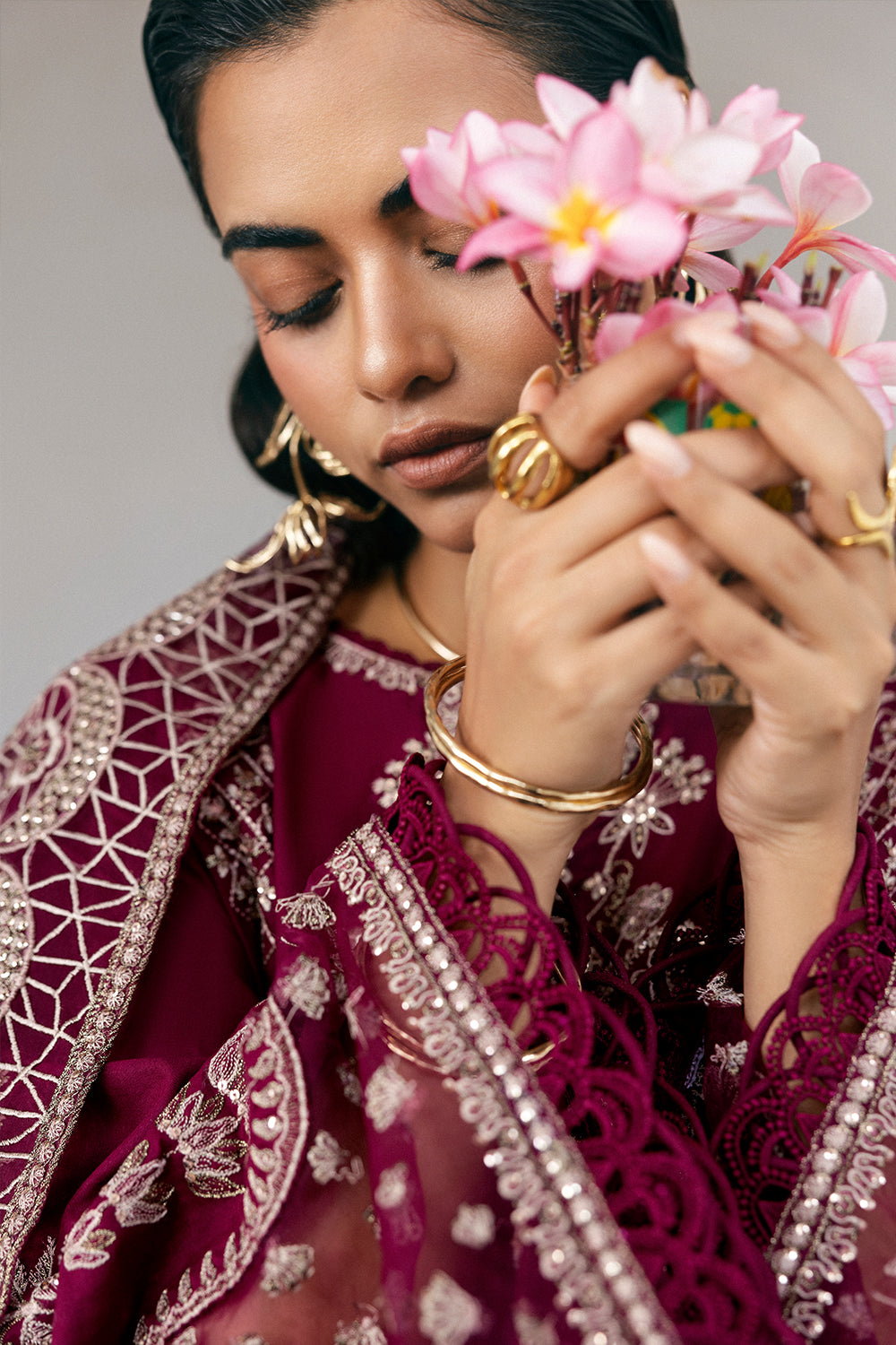 Pakistani Fuchsia Pink Embroidered Lawn & Organza Salwar Kameez (3-Piece) - Image 4