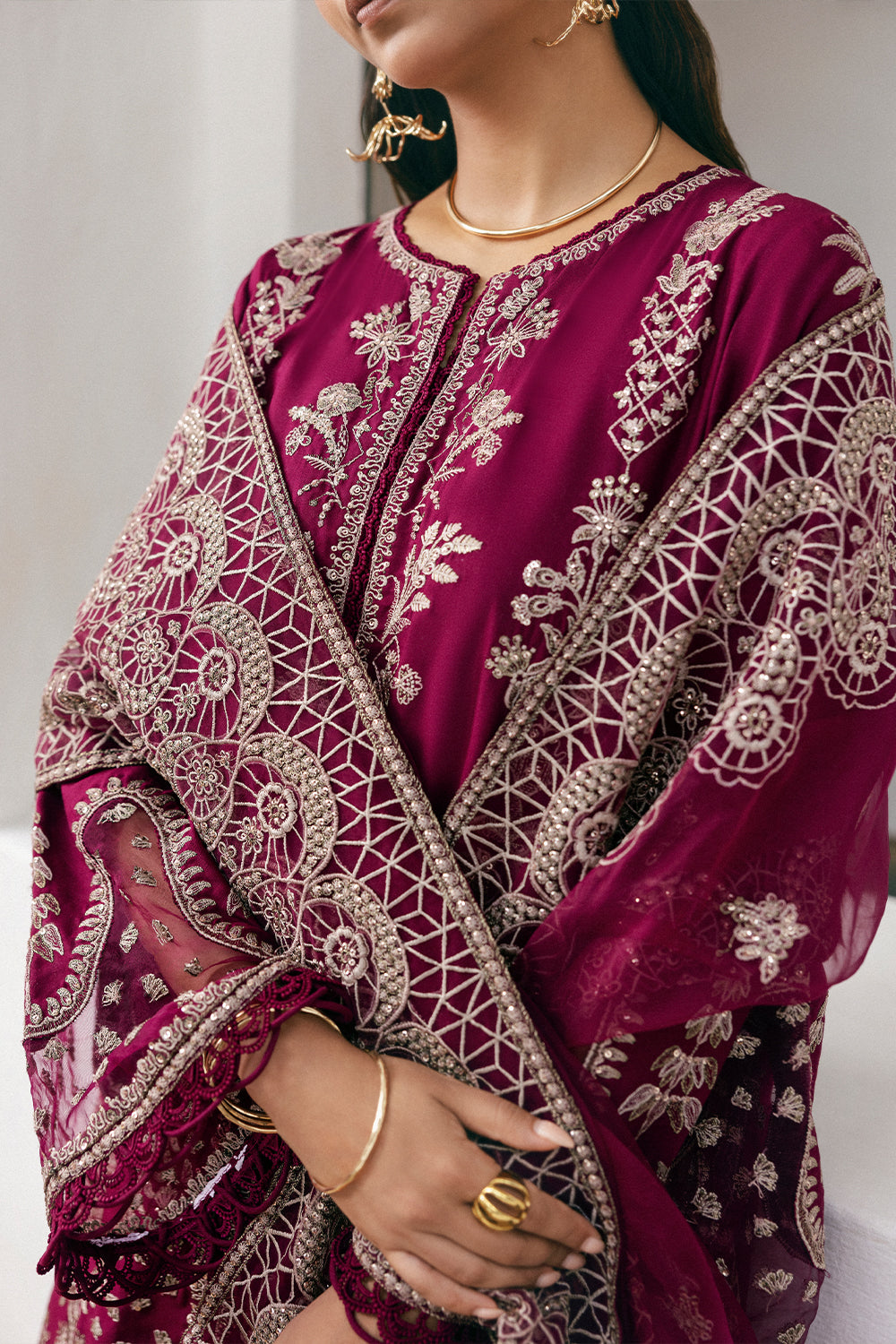 Pakistani Fuchsia Pink Embroidered Lawn & Organza Salwar Kameez (3-Piece) - Image 5