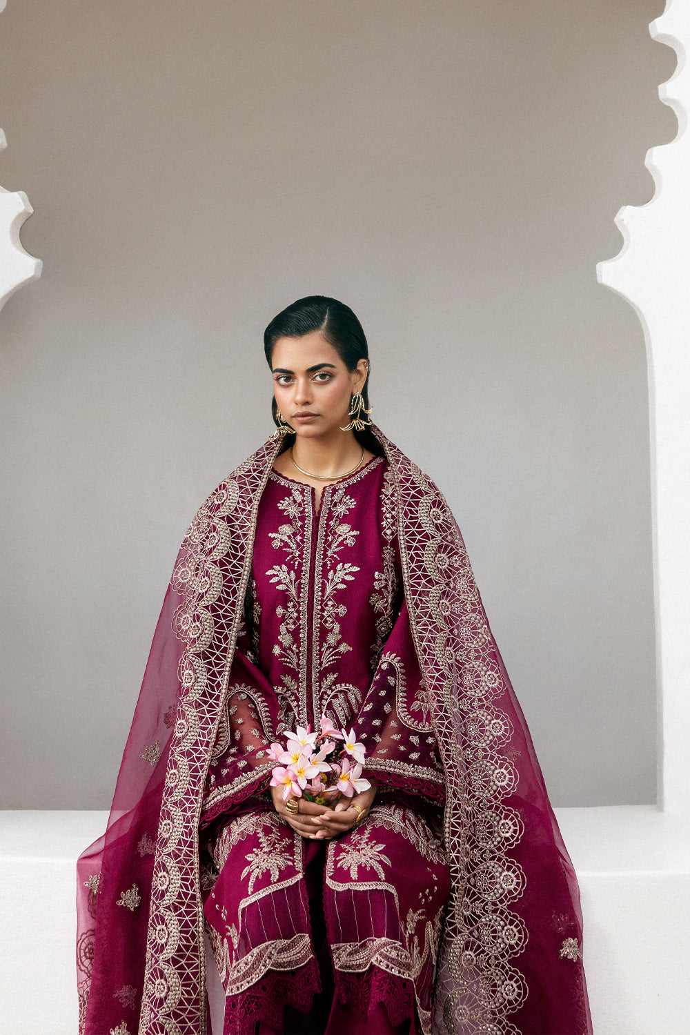 Pakistani Fuchsia Pink Embroidered Lawn & Organza Salwar Kameez (3-Piece) - Image 6