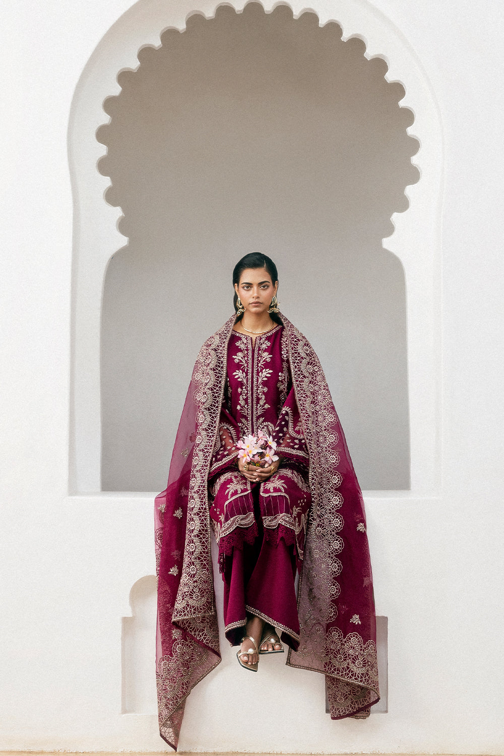 Pakistani Fuchsia Pink Embroidered Lawn & Organza Salwar Kameez (3-Piece) - Image 8