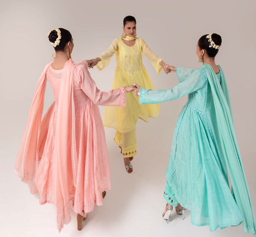 Peach Mirror-Work Lawn Salwar Kameez (3-Piece) - Image 2