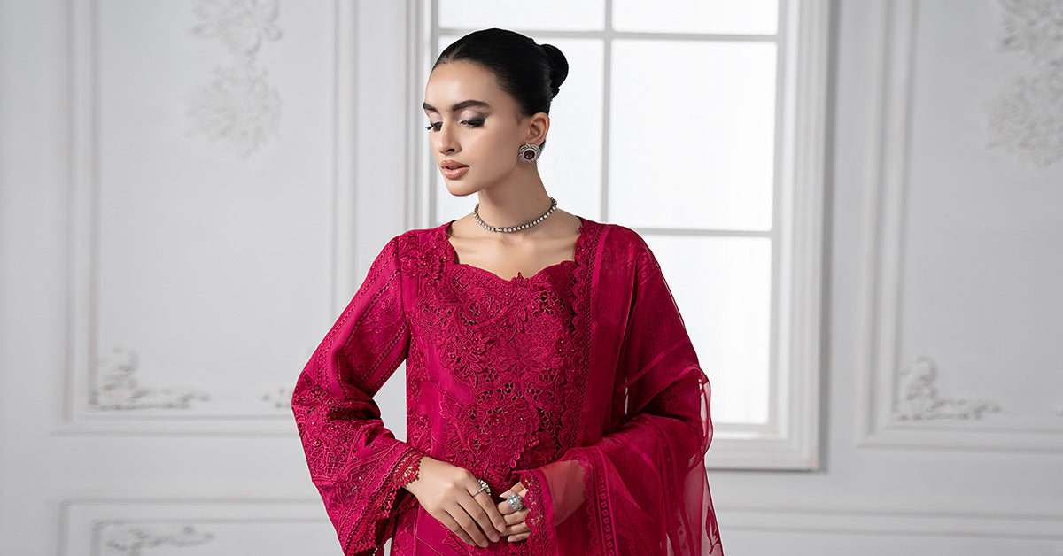 Fuchsia Pink Embroidered Lawn & Organza 3-Piece Suit - Image 11