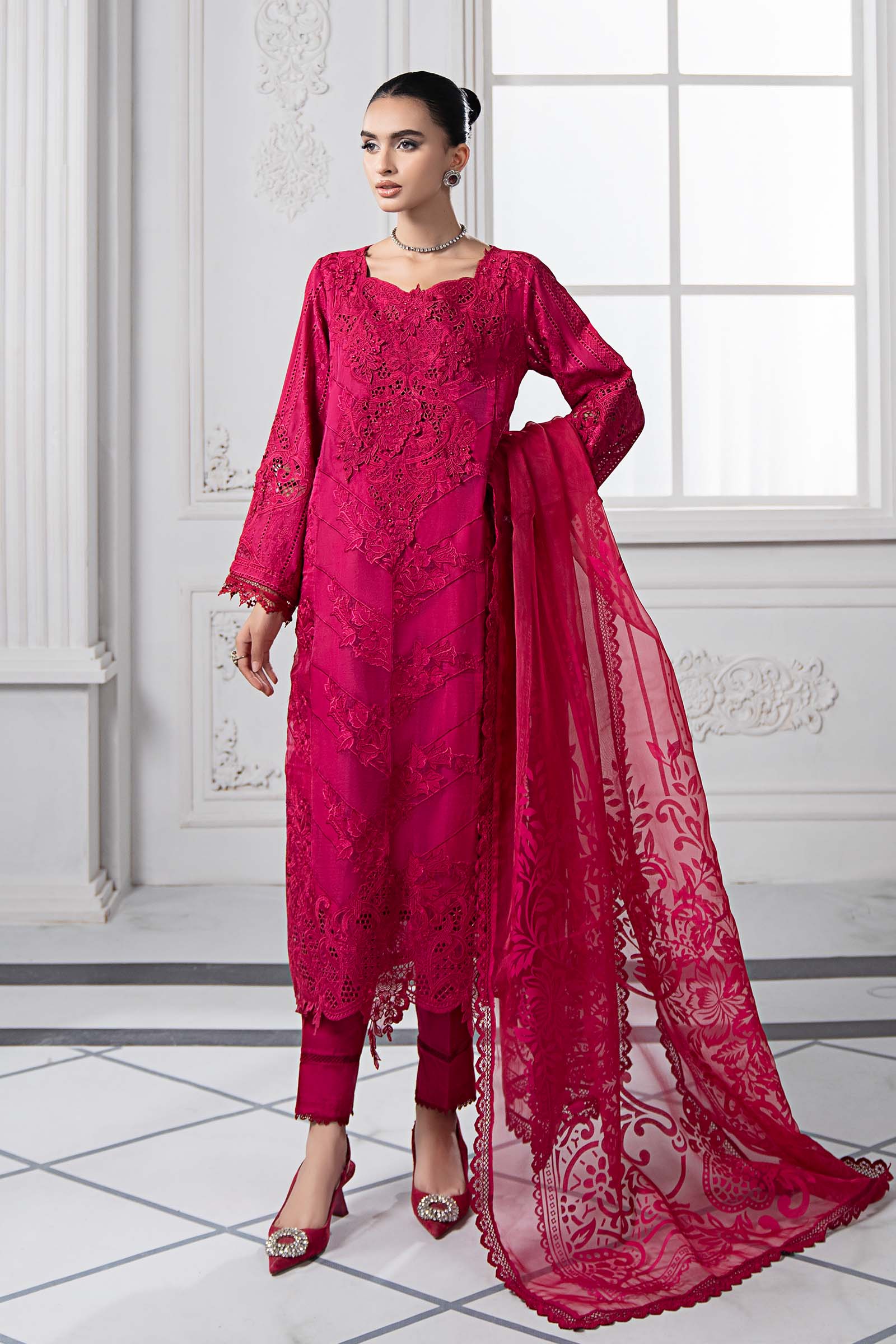 Fuchsia Pink Embroidered Lawn & Organza 3-Piece Suit - Image 2