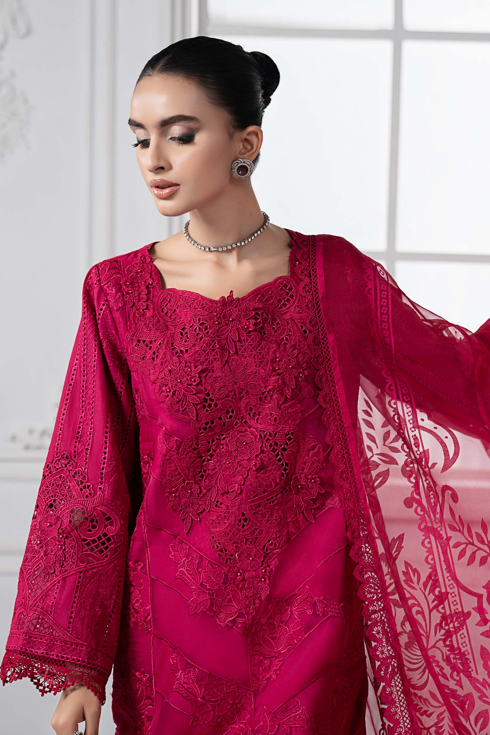 Fuchsia Pink Embroidered Lawn & Organza 3-Piece Suit - Image 4