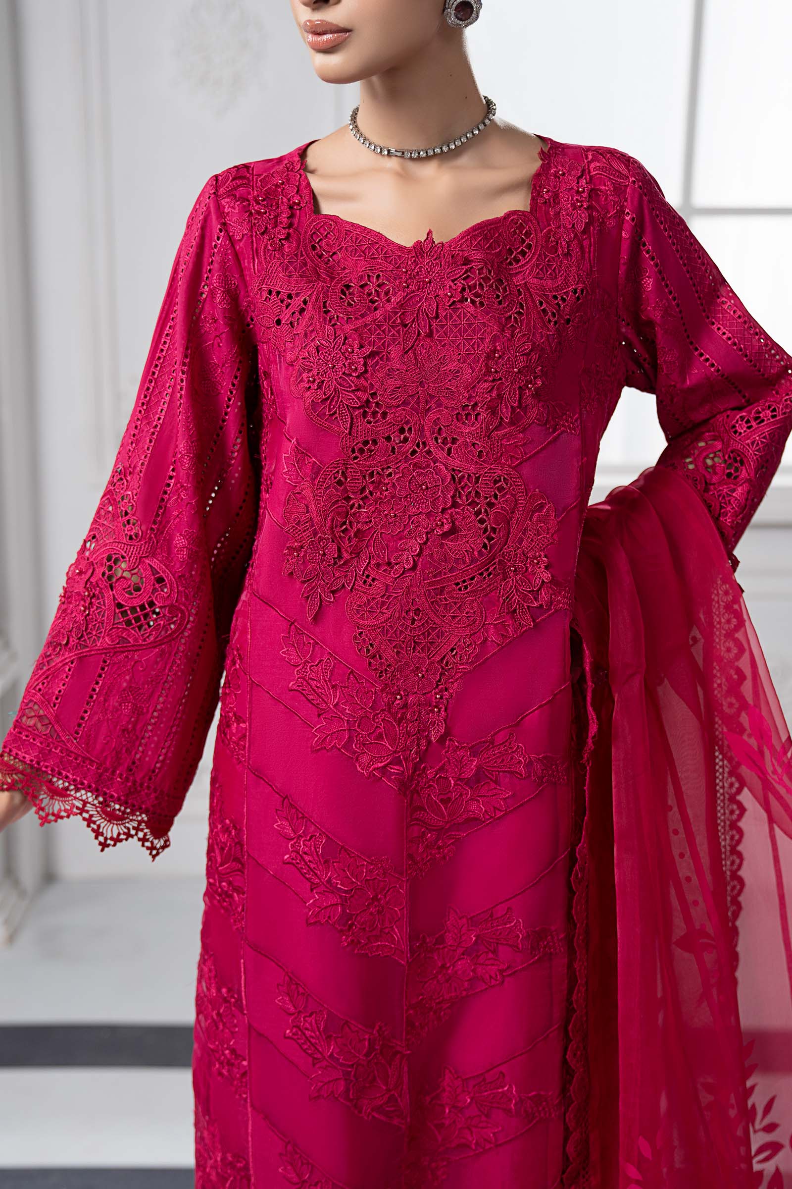 Fuchsia Pink Embroidered Lawn & Organza 3-Piece Suit - Image 5