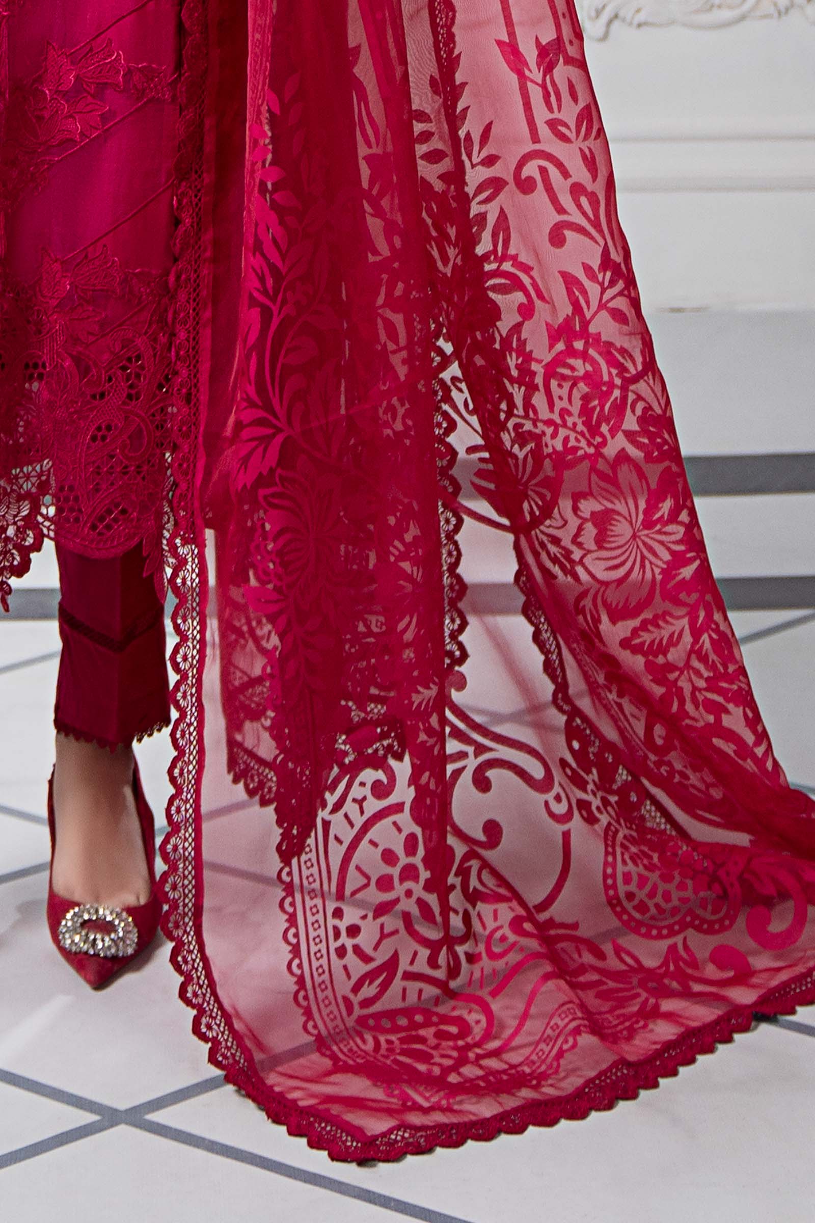 Fuchsia Pink Embroidered Lawn & Organza 3-Piece Suit - Image 8
