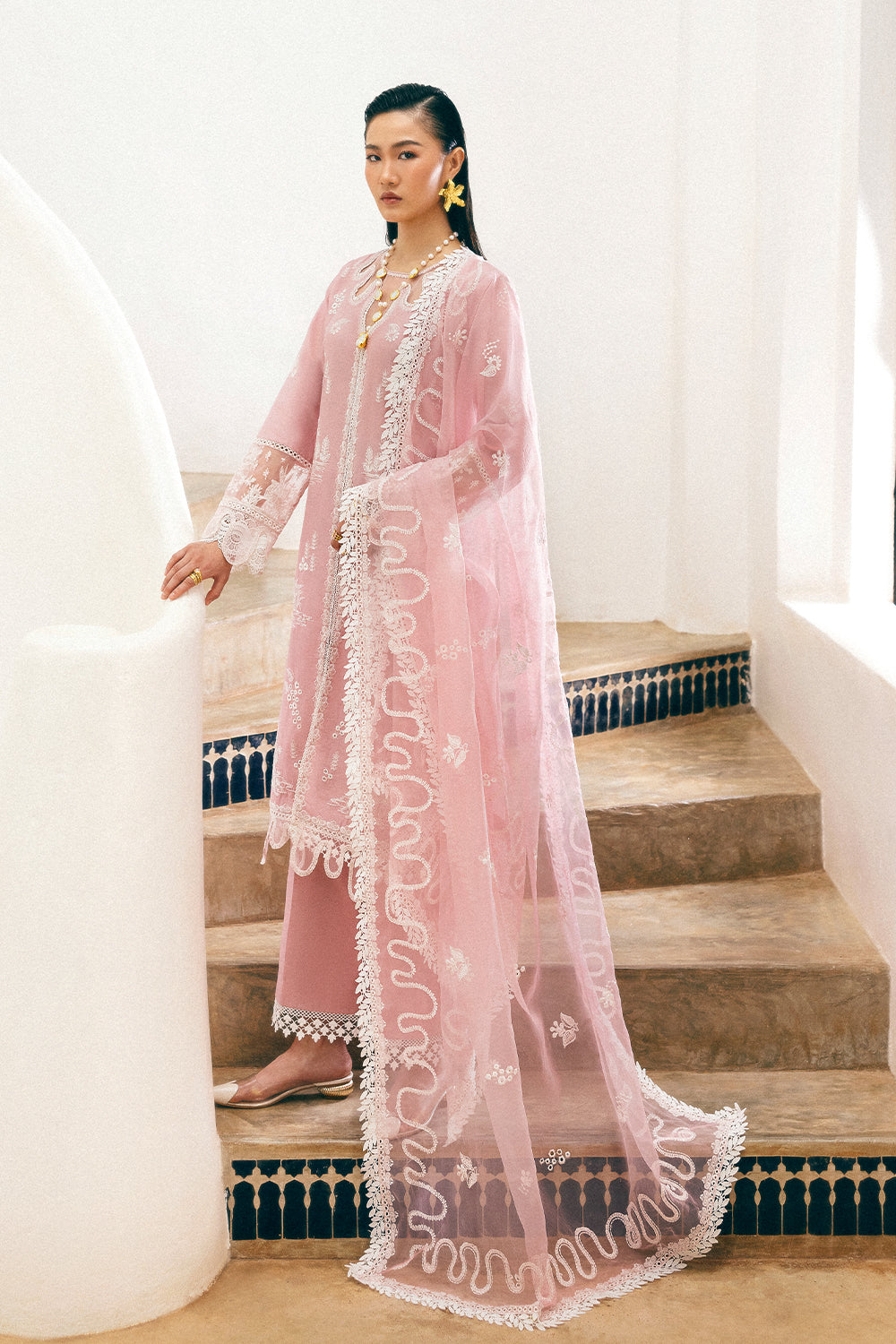 Baby Pink Embroidered Lawn & Organza 3-Piece Suit - Image 2