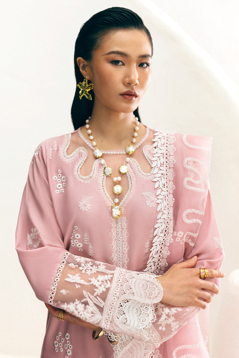 Baby Pink Embroidered Lawn & Organza 3-Piece Suit - Image 3