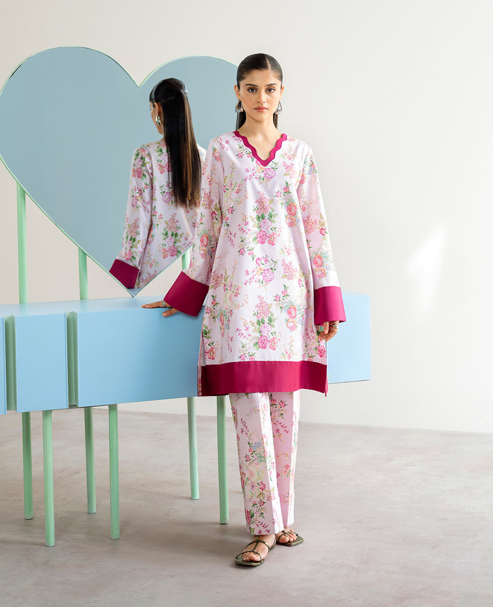 Pakistani Powder Pink Printed Lawn & Cambric 2-Piece Co-ord Set - Image 2