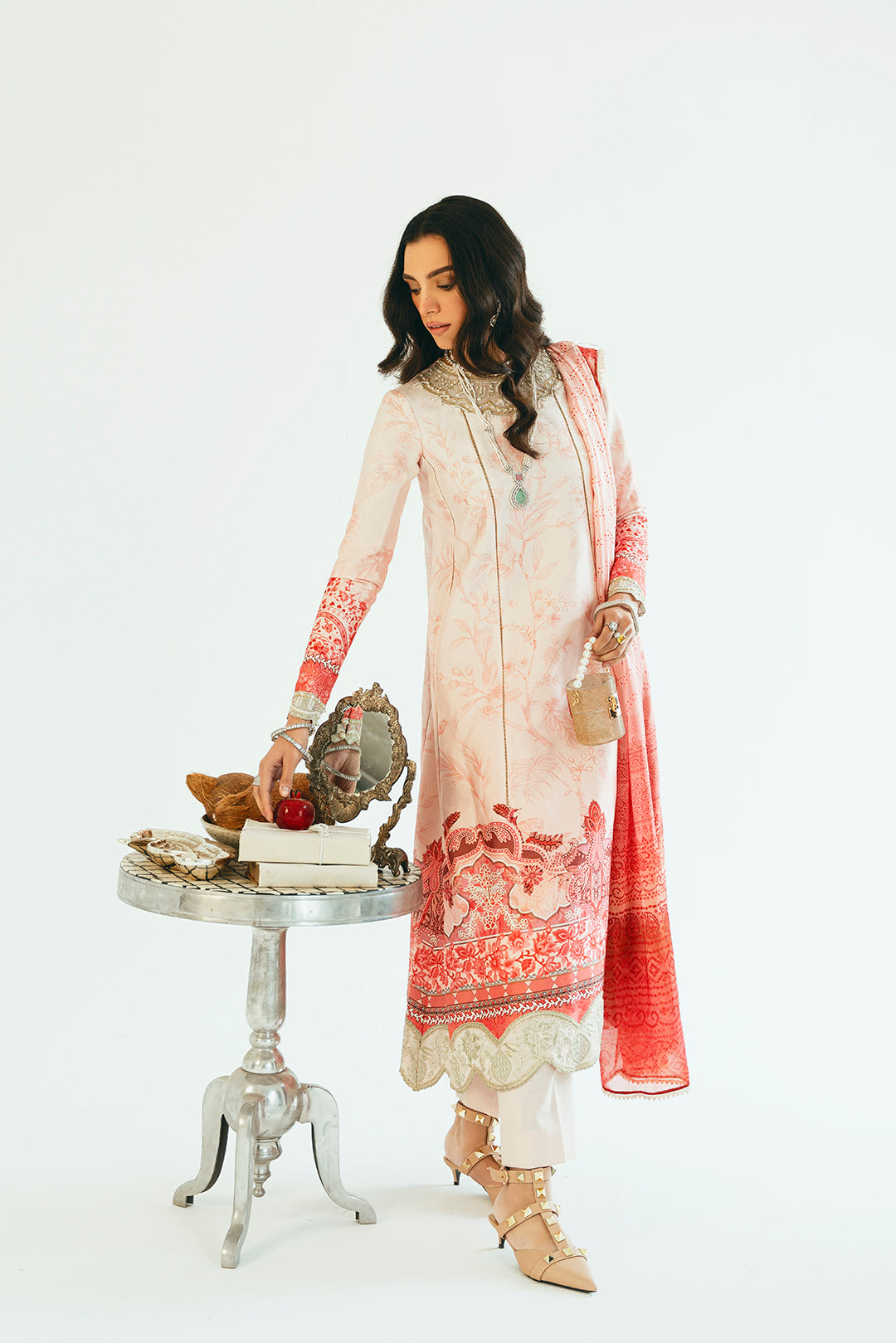 Pakistani Blush Pink Printed Lawn Long Shirt Set (3-Piece) - Image 1