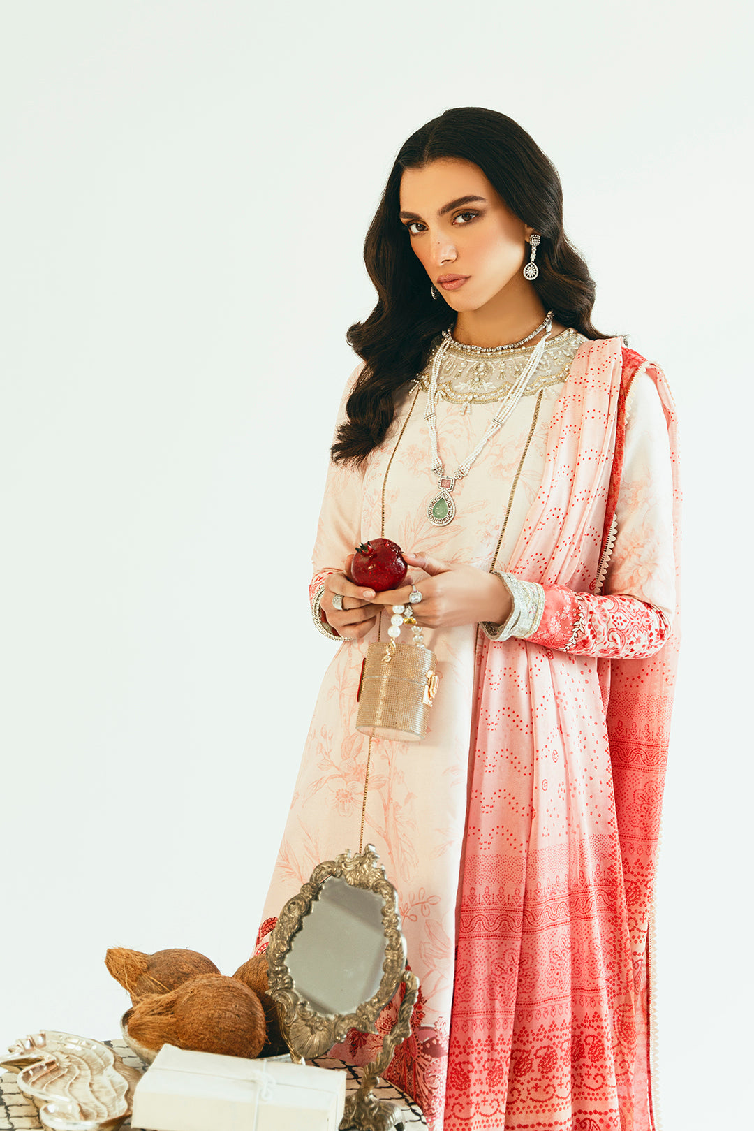Pakistani Blush Pink Printed Lawn Long Shirt Set (3-Piece) - Image 2