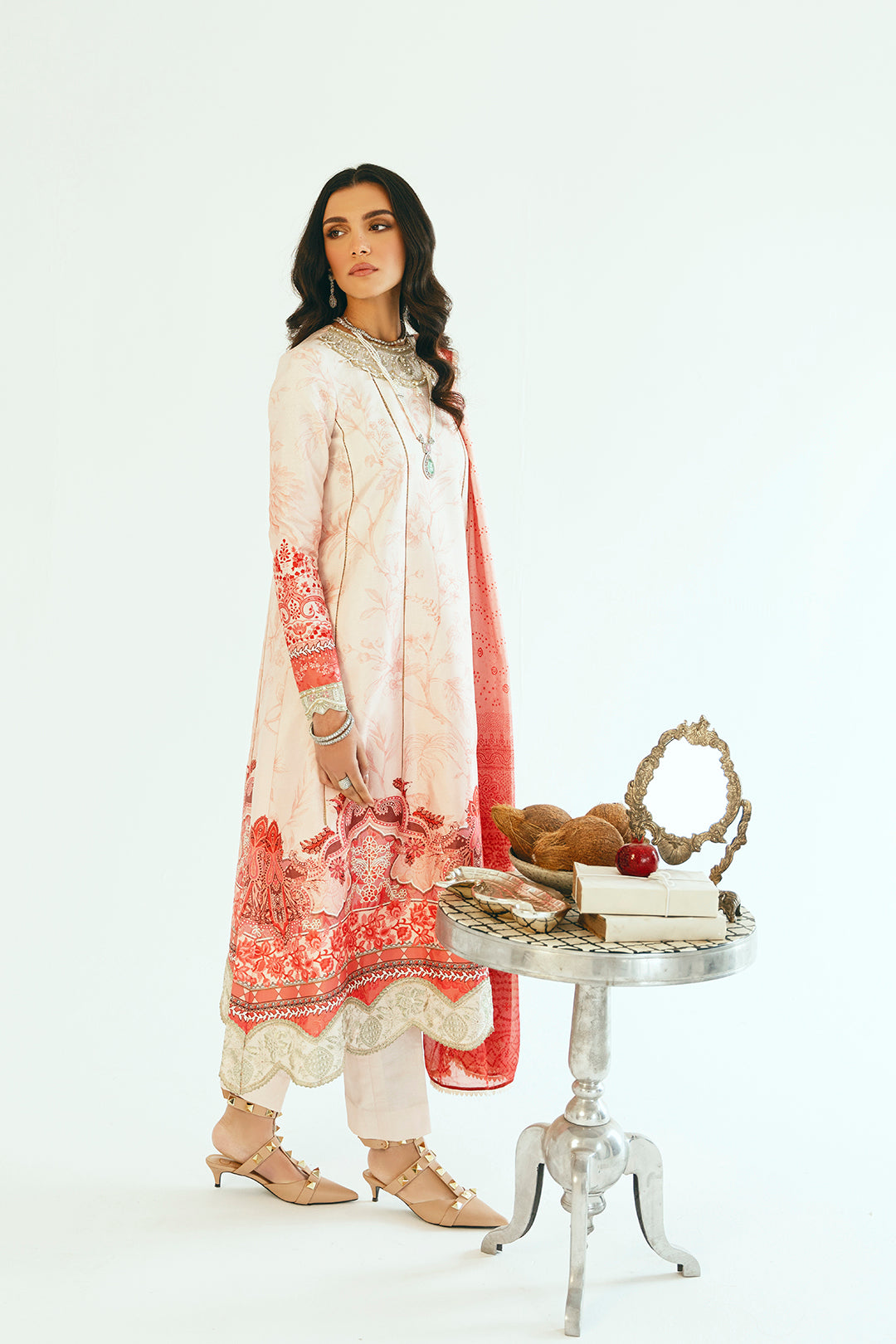 Pakistani Blush Pink Printed Lawn Long Shirt Set (3-Piece) - Image 3