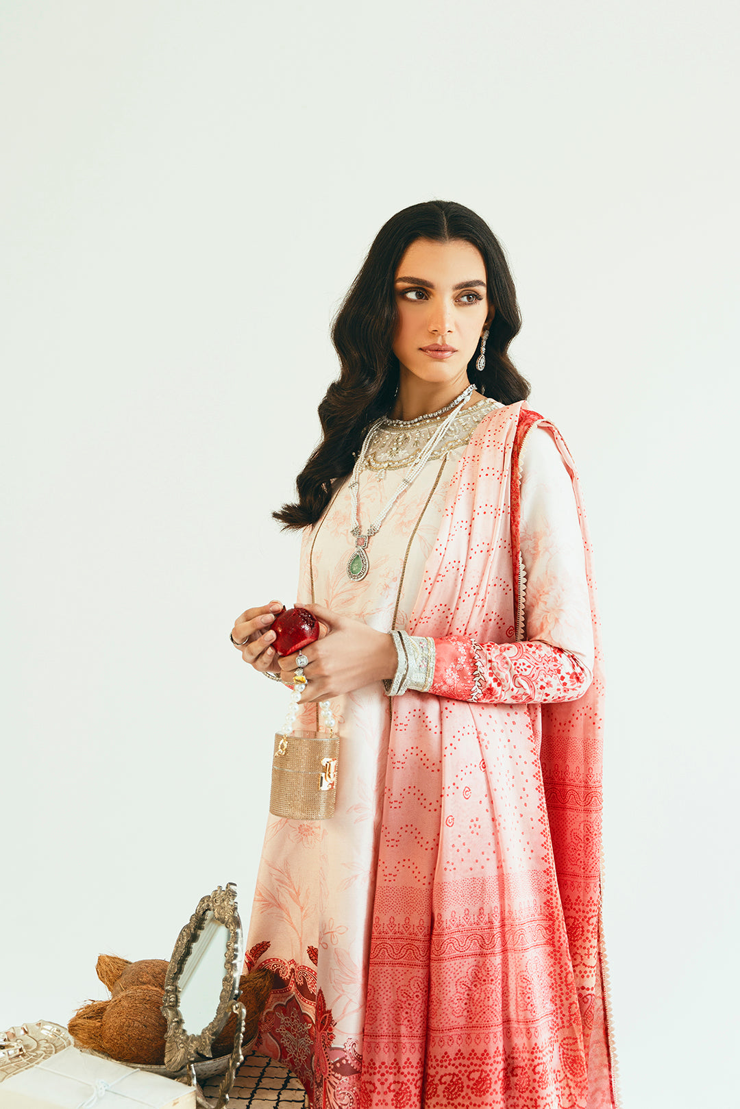 Pakistani Blush Pink Printed Lawn Long Shirt Set (3-Piece) - Image 4