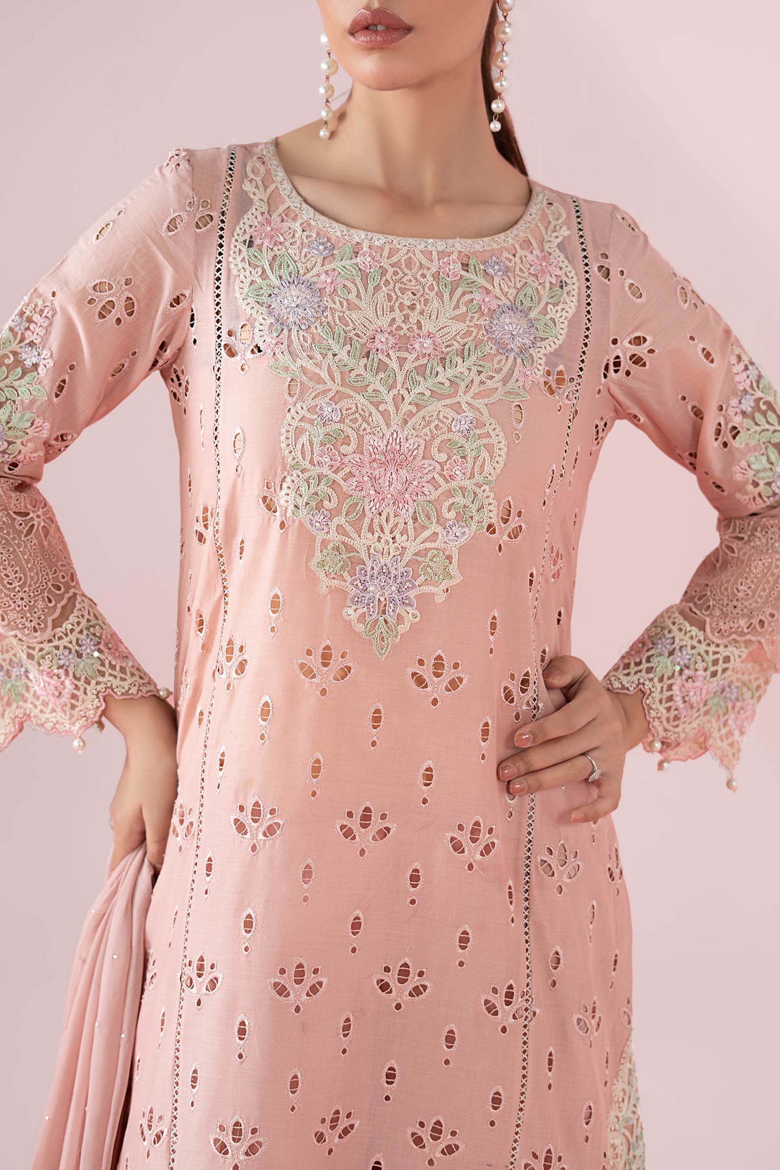 Peach Schiffli Embroidered Lawn 3-Piece Suit - Image 4