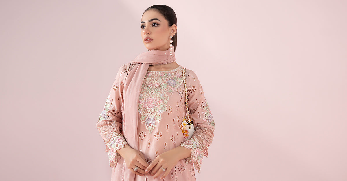Peach Schiffli Embroidered Lawn 3-Piece Suit - Image 8