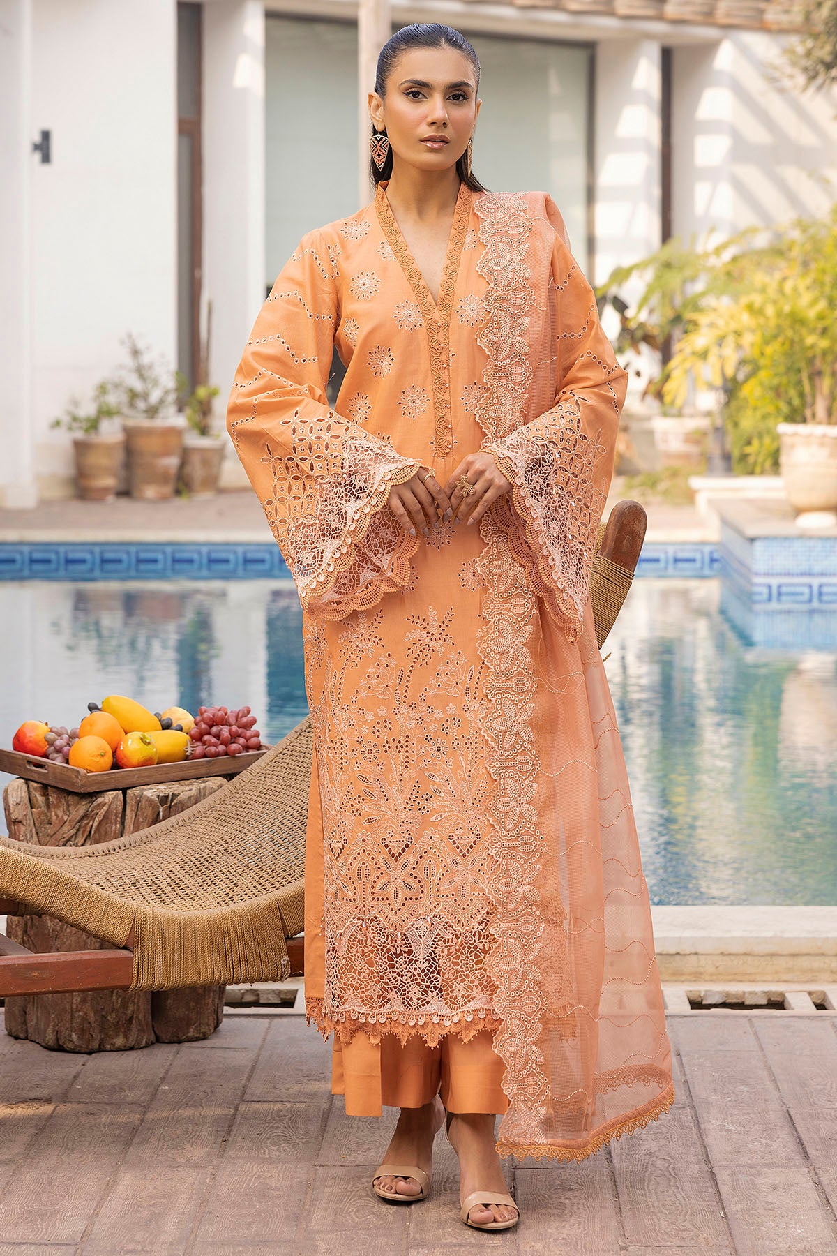 Peach Schiffli Embroidered Lawn 3-Piece Suit - Image 1