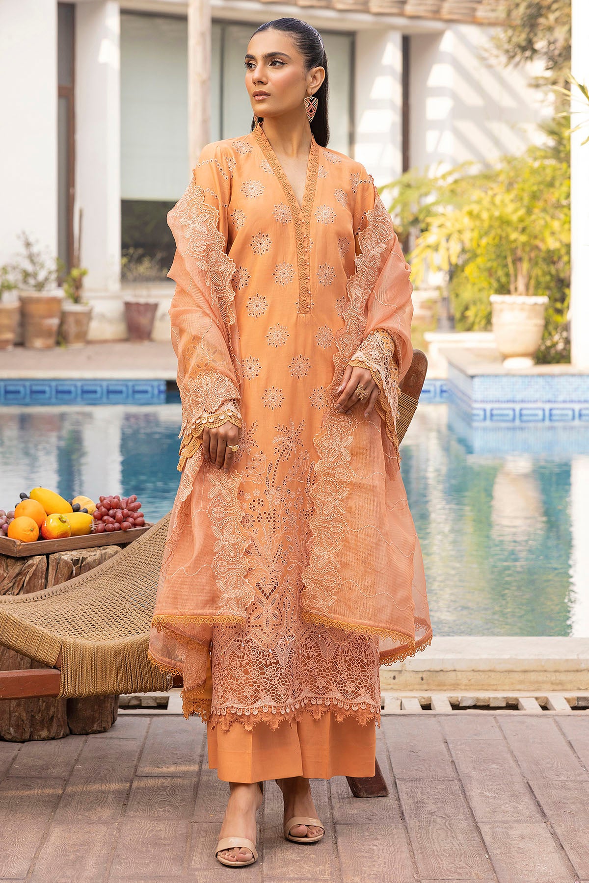 Peach Schiffli Embroidered Lawn 3-Piece Suit - Image 2