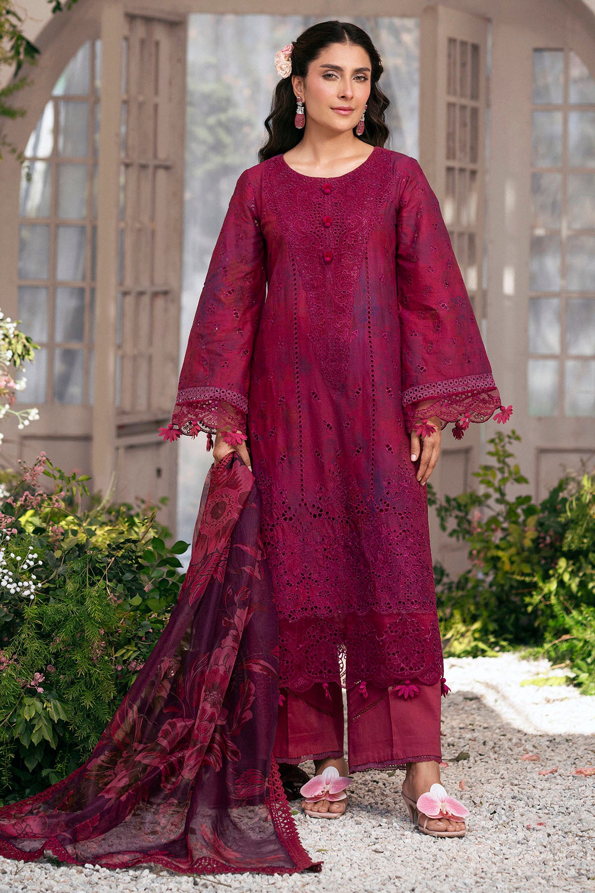 Deep Magenta Schiffli Embroidered Lawn 3-Piece Suit - Image 1