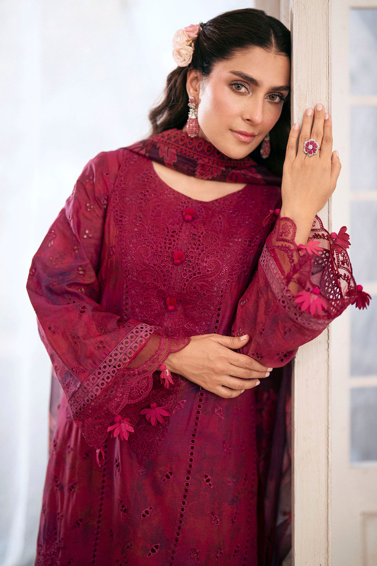 Deep Magenta Schiffli Embroidered Lawn 3-Piece Suit - Image 2