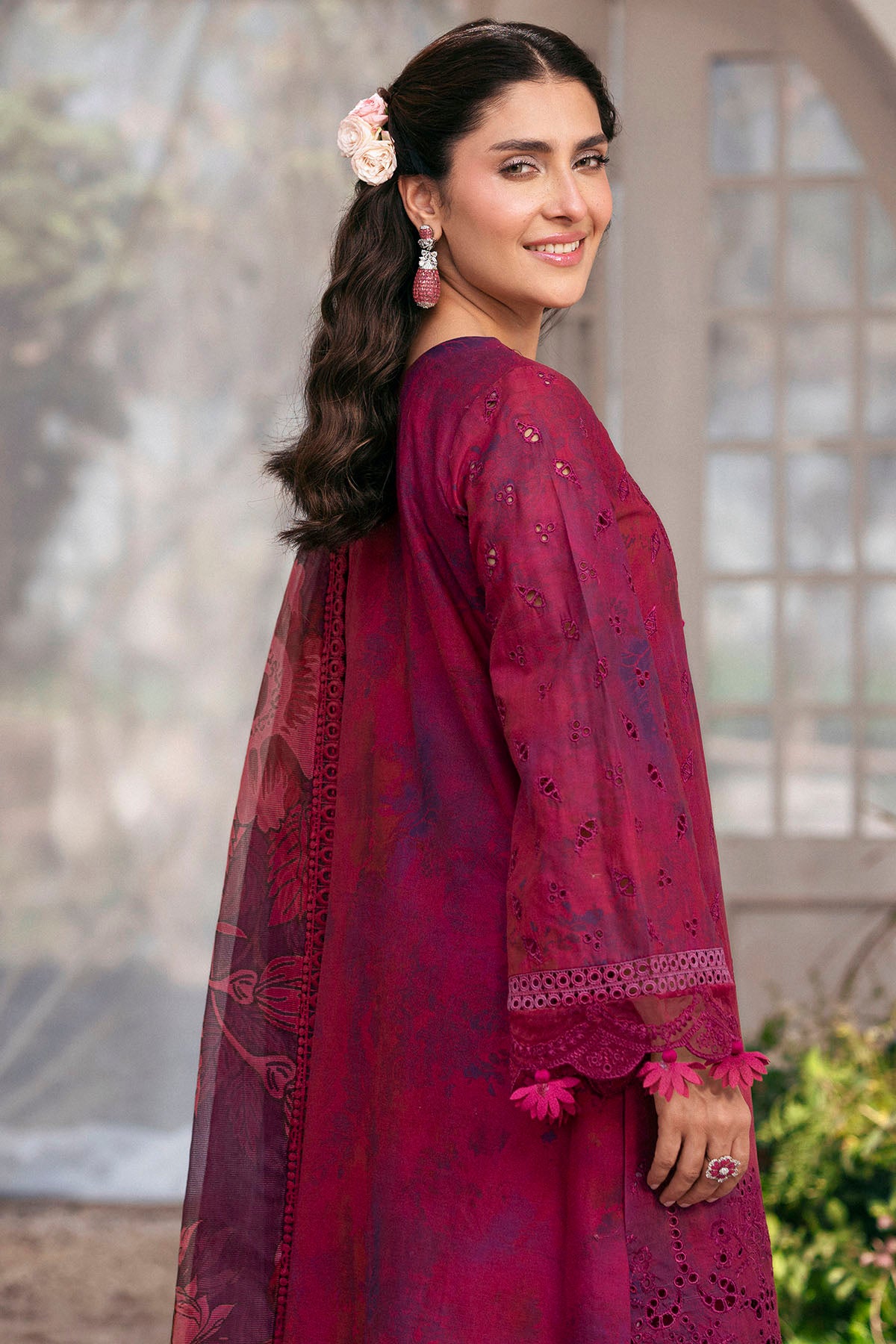 Deep Magenta Schiffli Embroidered Lawn 3-Piece Suit - Image 4