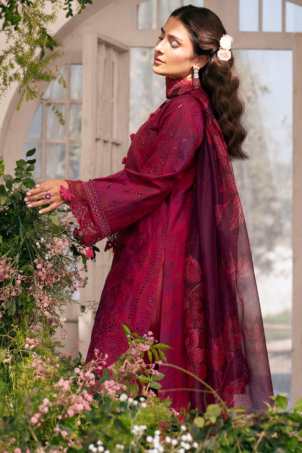 Deep Magenta Schiffli Embroidered Lawn 3-Piece Suit - Image 5