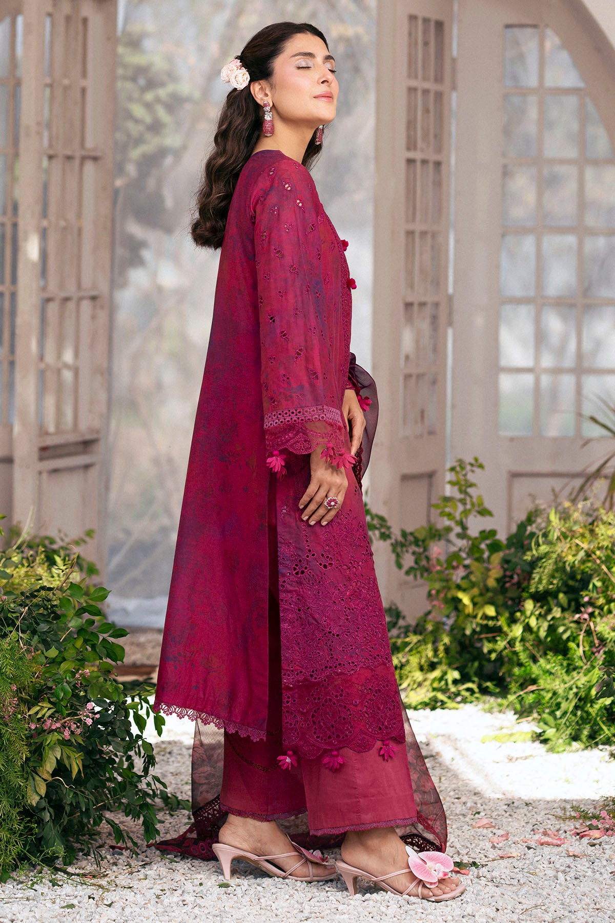 Deep Magenta Schiffli Embroidered Lawn 3-Piece Suit - Image 6