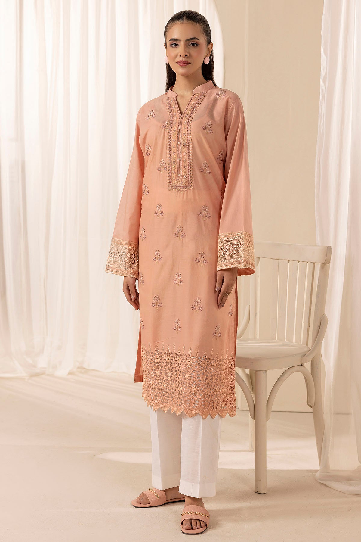 Peach Schiffli Embroidered Lawn Shirt (1-Pc) - Image 1