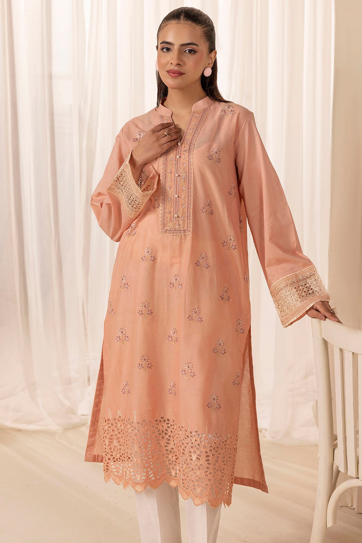 Peach Schiffli Embroidered Lawn Shirt (1-Pc) - Image 2