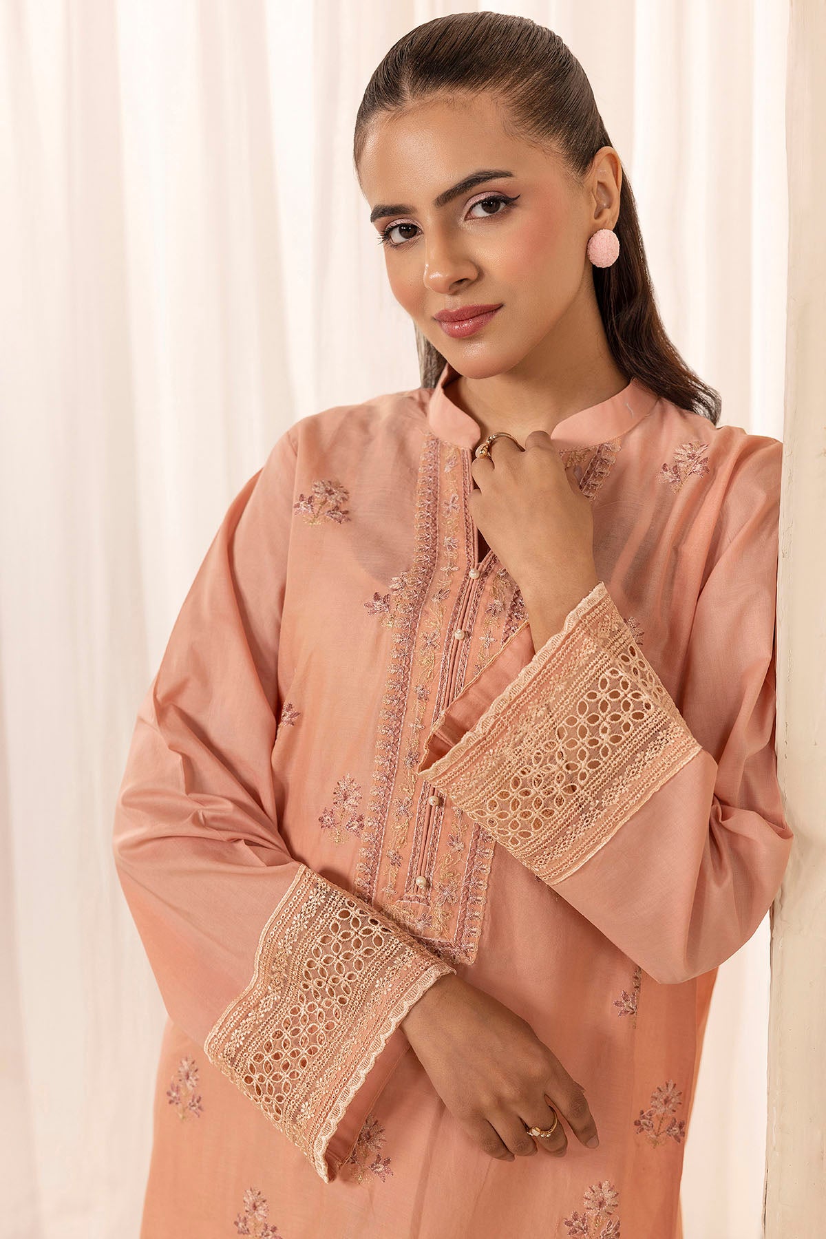 Peach Schiffli Embroidered Lawn Shirt (1-Pc) - Image 3