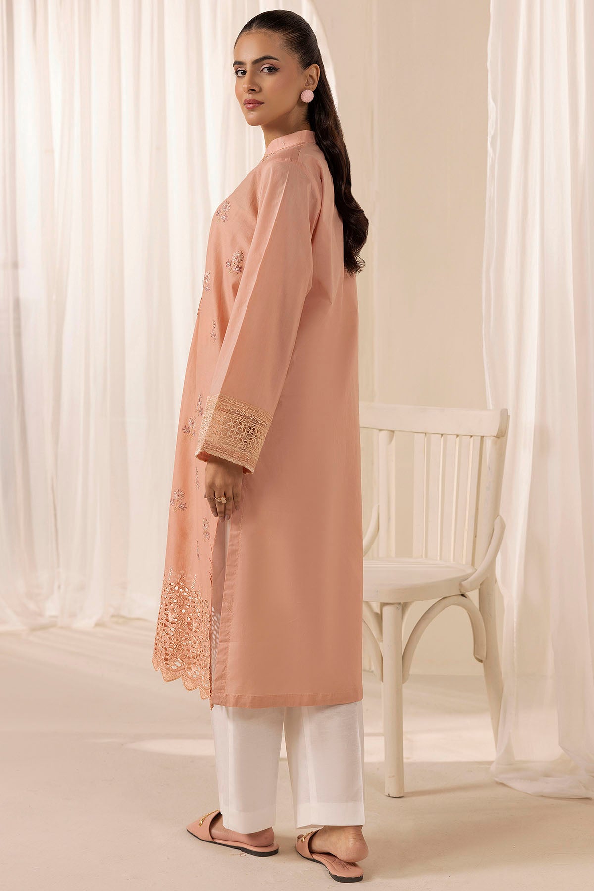 Peach Schiffli Embroidered Lawn Shirt (1-Pc) - Image 4