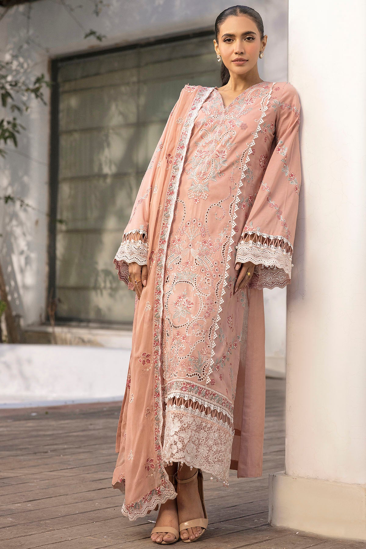 Peach Schiffli Embroidered Lawn 3-Piece Suit - Image 1