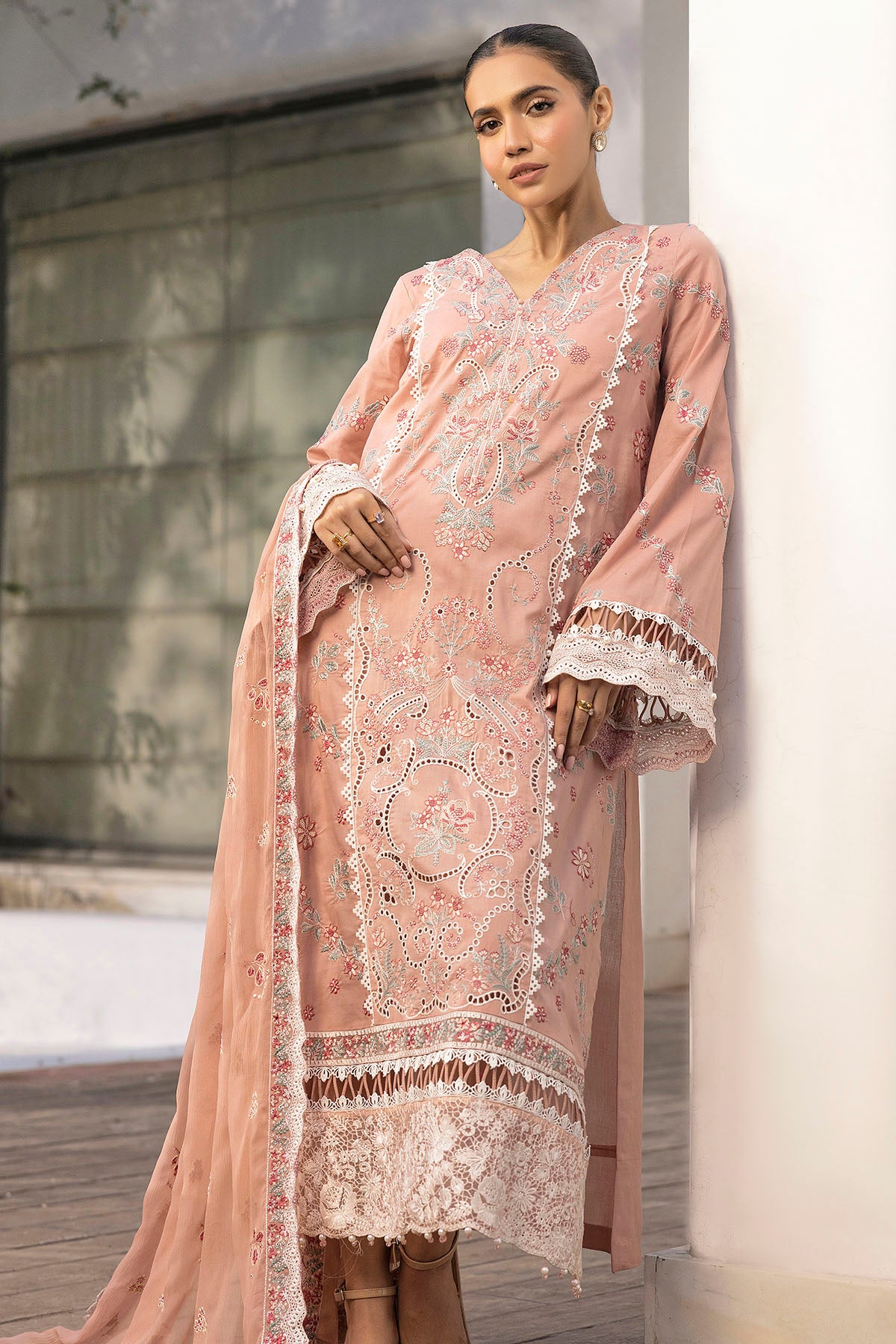 Peach Schiffli Embroidered Lawn 3-Piece Suit - Image 2